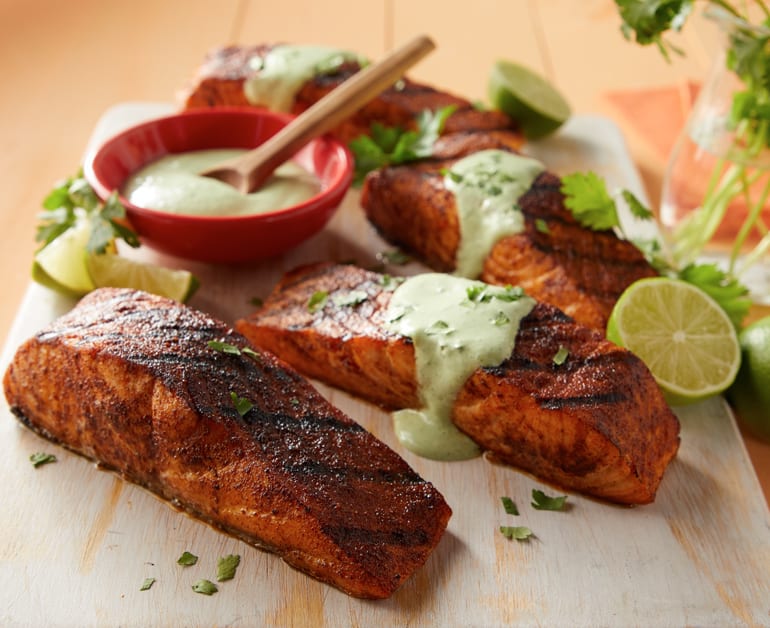 View recommended Grilled Spicy Salmon with Creamy Cilantro Sauce recipe