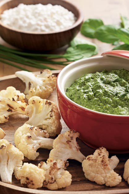 roasted cauliflower with three greens dip on the side