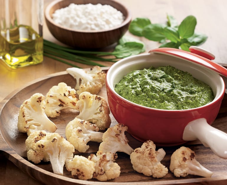 roasted cauliflower with three greens dip on the side