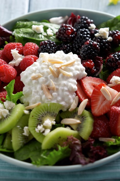 Berry Salad in bowl with Cottage Cheese