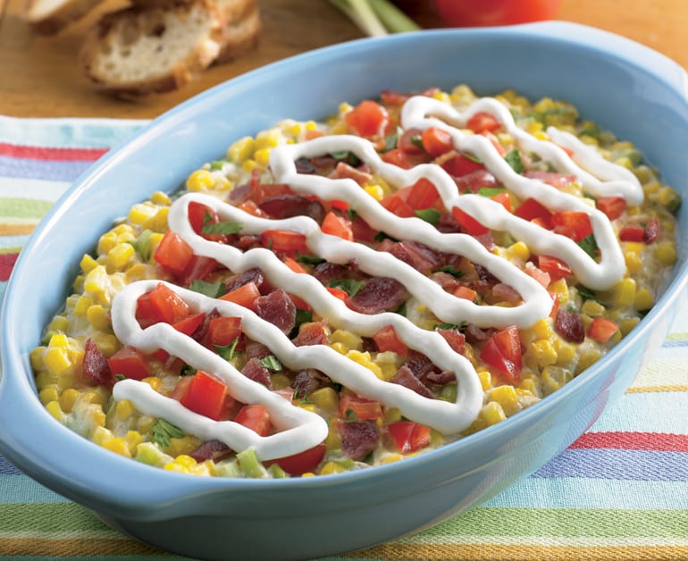 Thumbnail image for Cheesy Creamed Corn with Tomato and Bacon