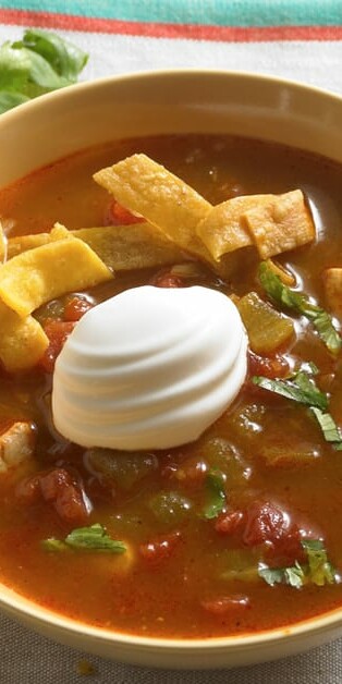 sopa de tortilla de pollo en un bol con crema agria encima