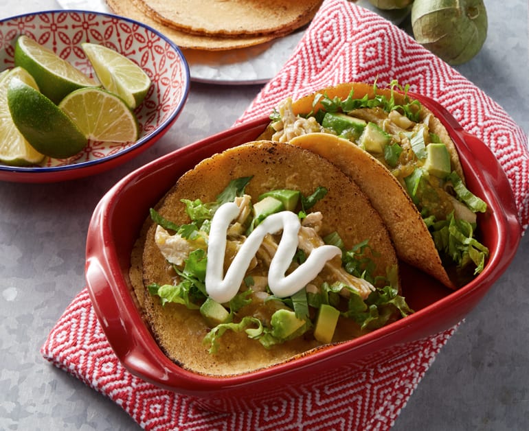 Click to open Salsa Verde Chicken Tacos with Lime Crema recipe