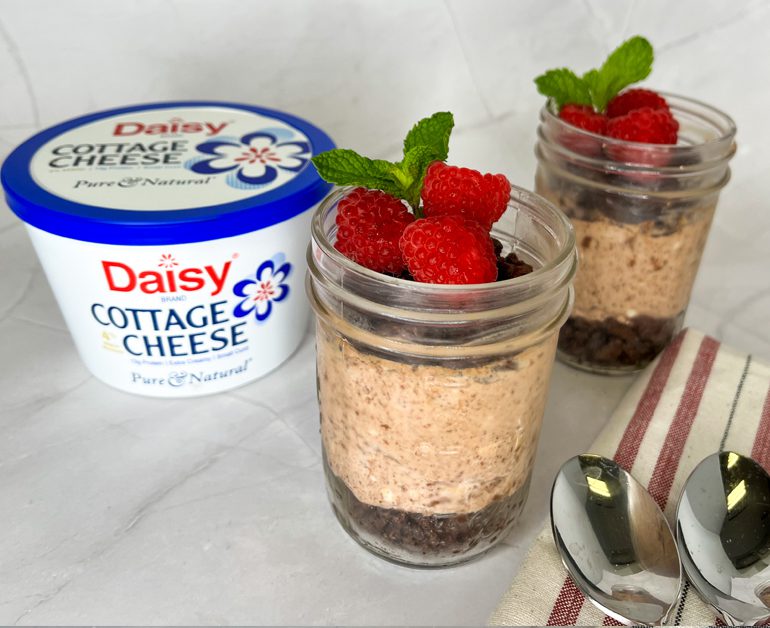 Click to open No Bake Cottage Cheese Chocolate Cheesecake Jars with Raspberries recipe