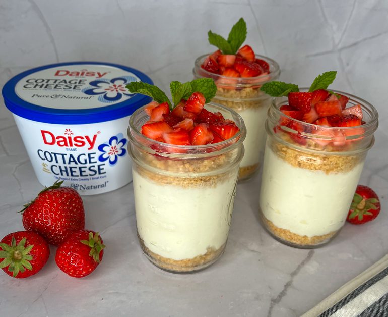 No Bake Cottage Cheese Cheesecake Jars with Fresh Strawberries slider image 1